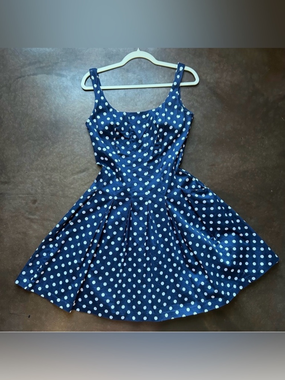 Vintage LRL- navy dropped waist box pleated fit + flare polka dot dress- size 6